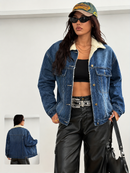 Women's Vintage Cropped Denim Padded Jacket – Casual Loose-Fit Long Sleeve Warm Coat