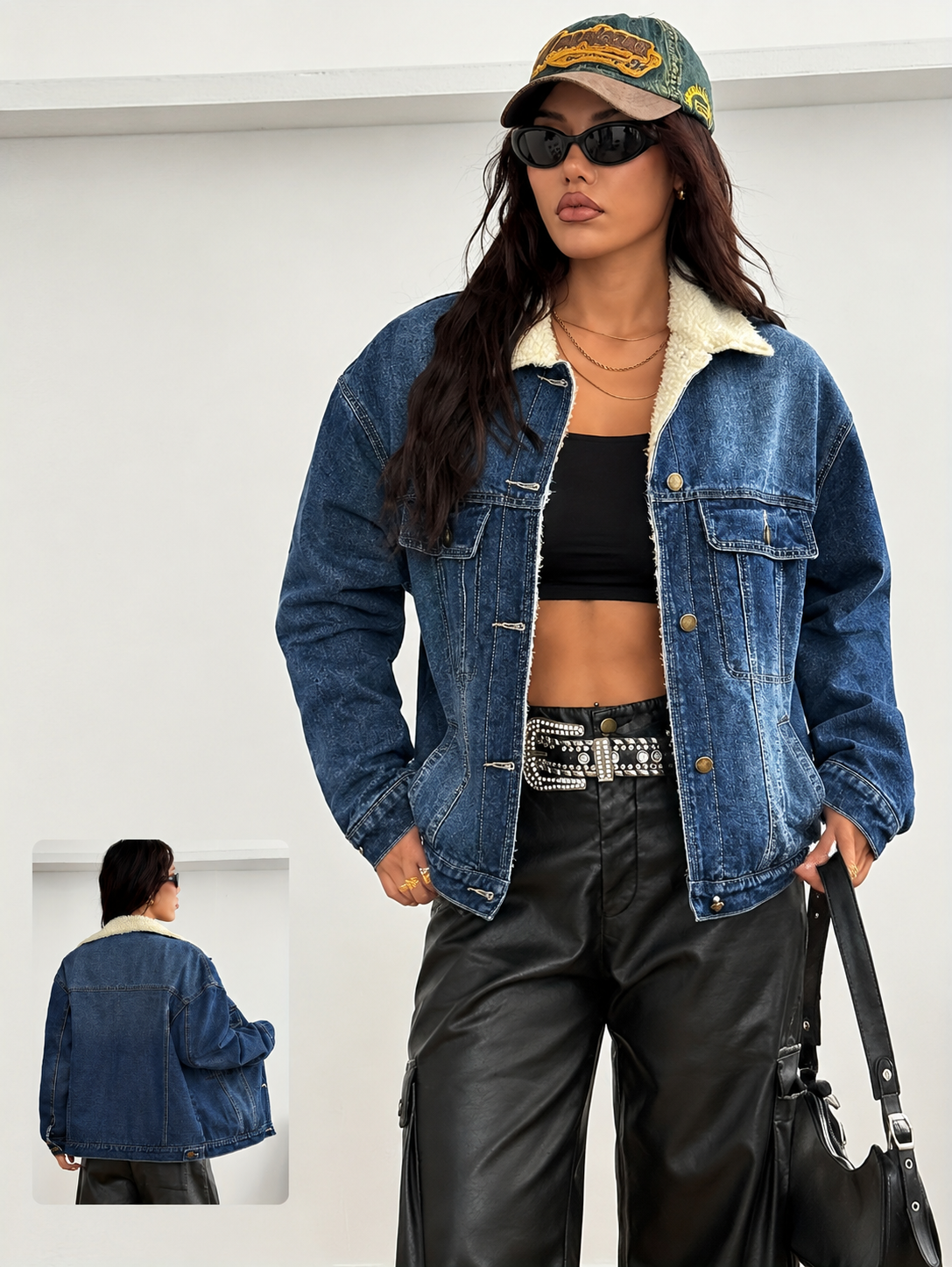 Women's Vintage Cropped Denim Padded Jacket – Casual Loose-Fit Long Sleeve Warm Coat