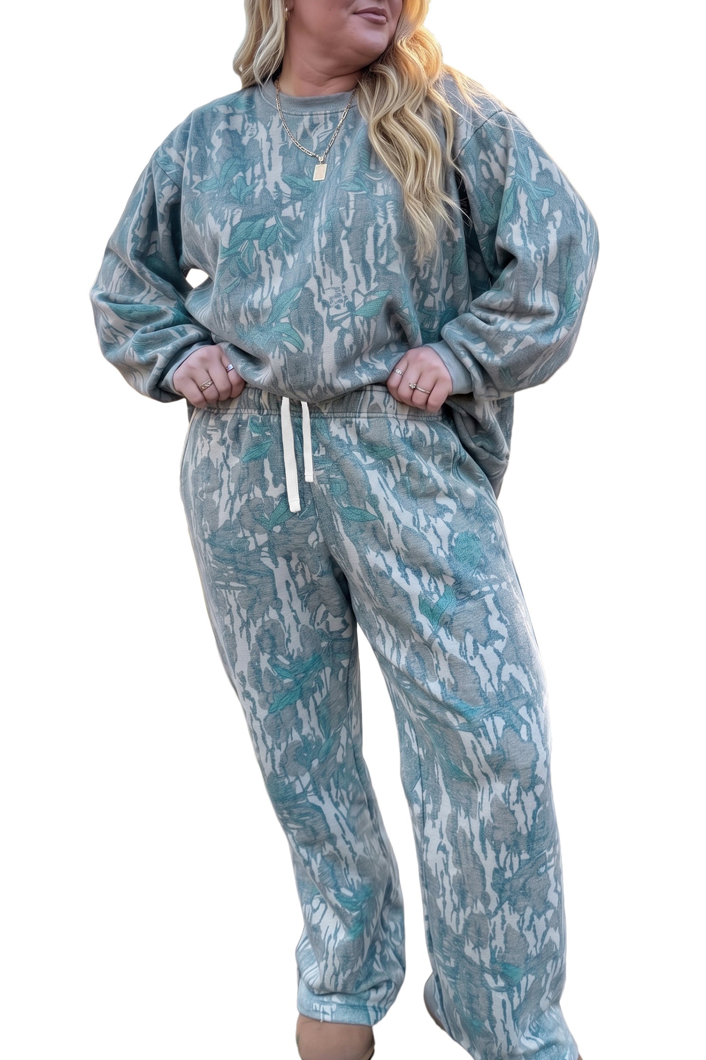 Multicolour Abstract Botanical Print Plus Size Pullover Drawstring Pants Set