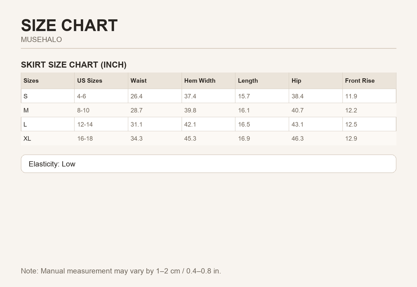 Camel Corduroy Buttoned Mini Skirt size chart