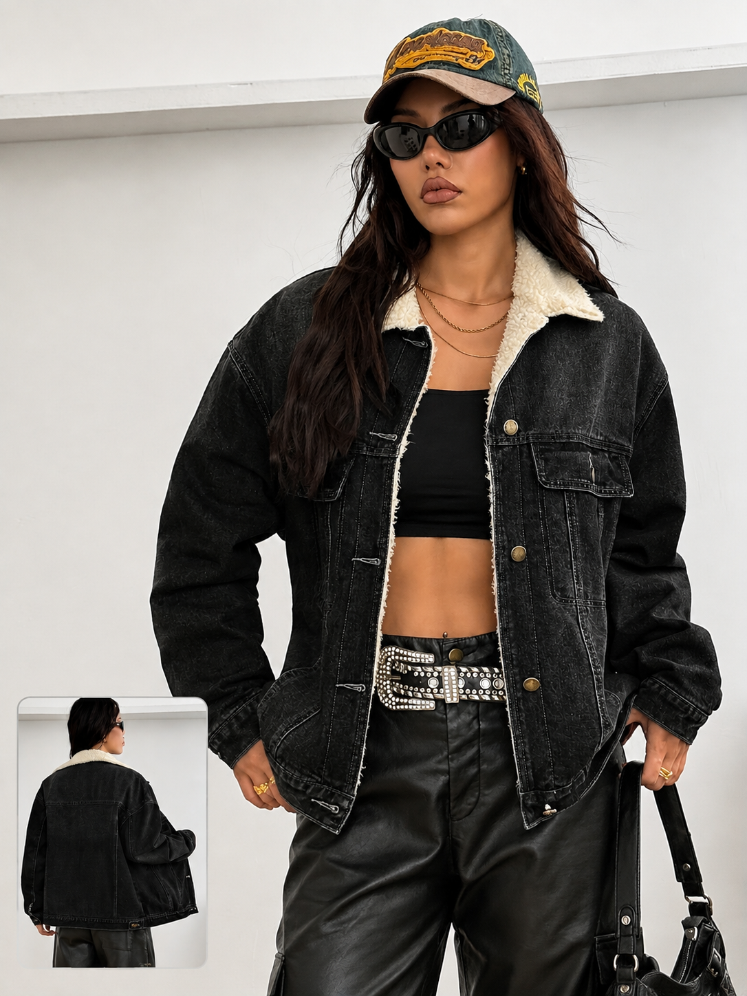 Women's Vintage Cropped Denim Padded Jacket – Casual Loose-Fit Long Sleeve Warm Coat