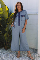 Beau Blue Half Placket Chest Pockets Short Sleeve Wide Leg Jumpsuit