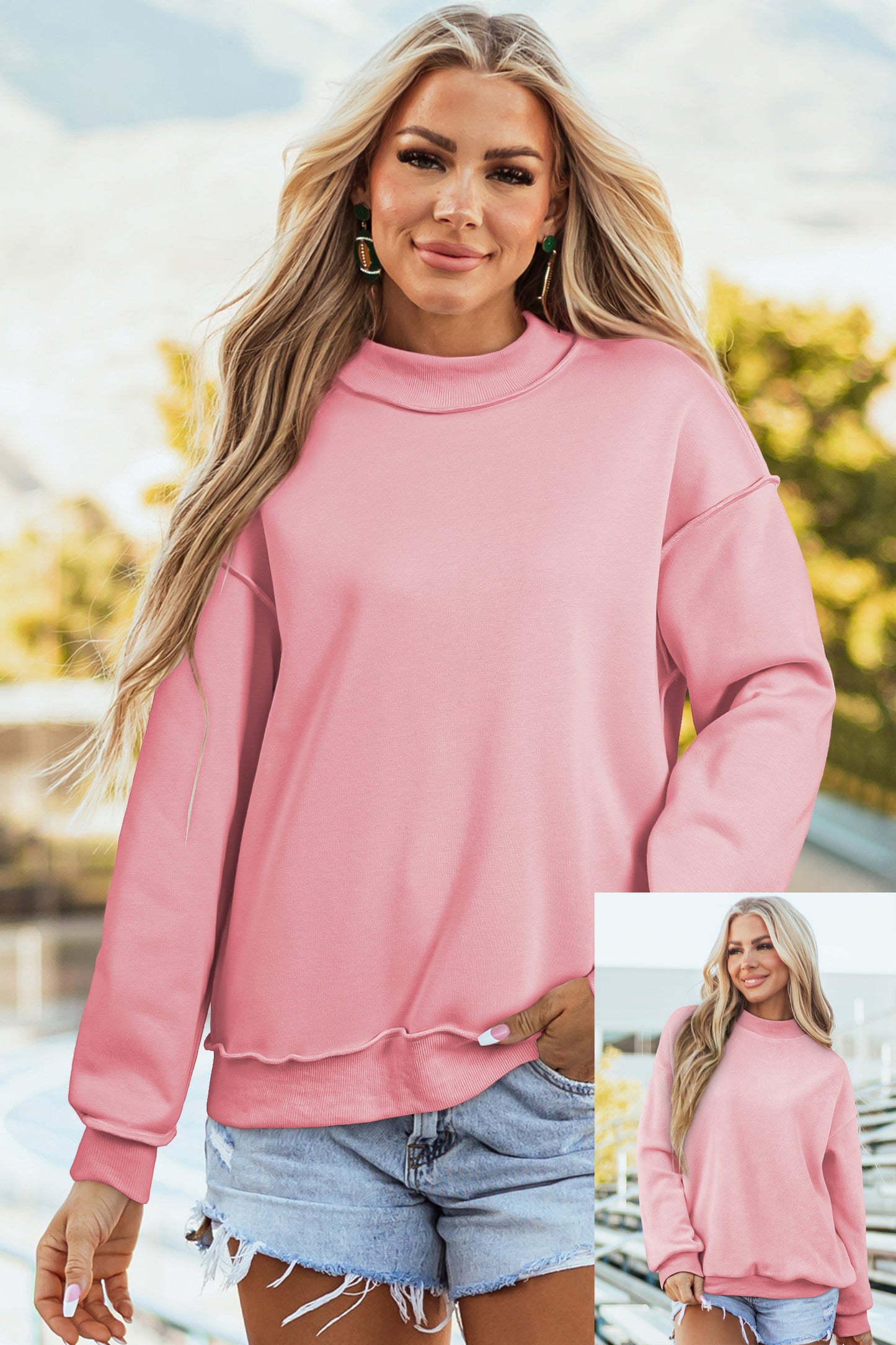 Dark Blue Oversize Drop Shoulder Reversible Mock Neck Sweatshirt