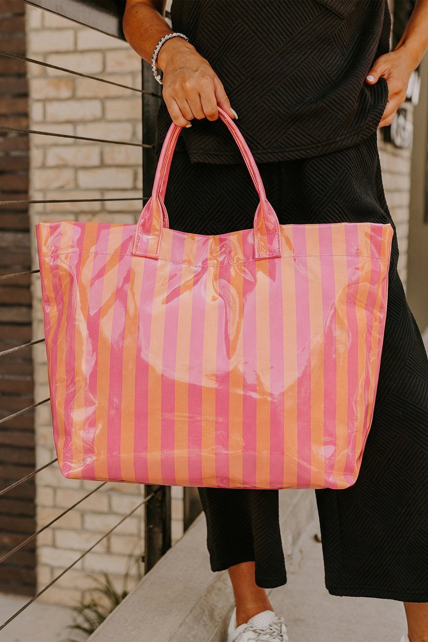 Pink Glossy Striped Vinyl Large Tote Bag (Color Varied)