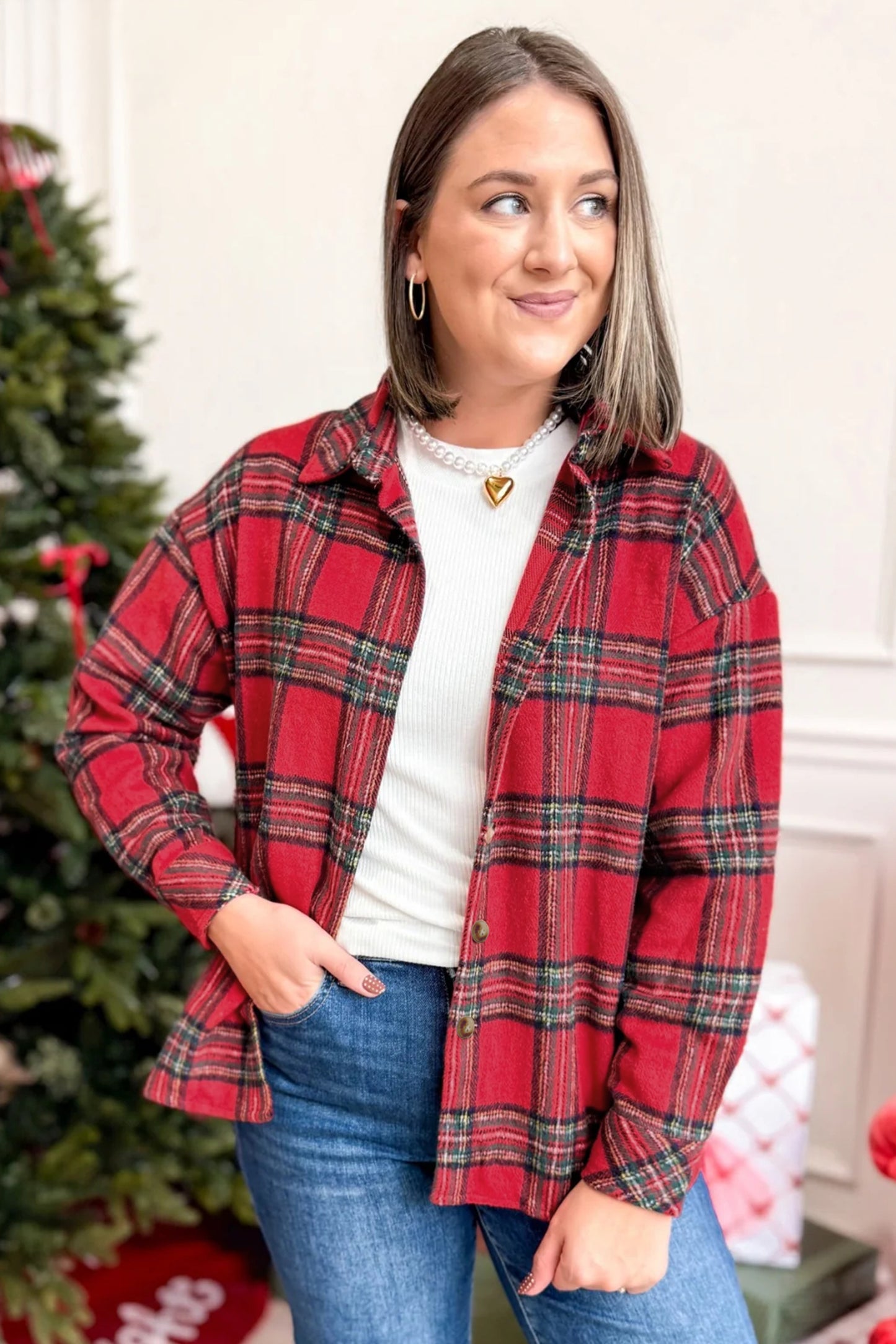 Red Plaid Button Front Shacket Outerwear