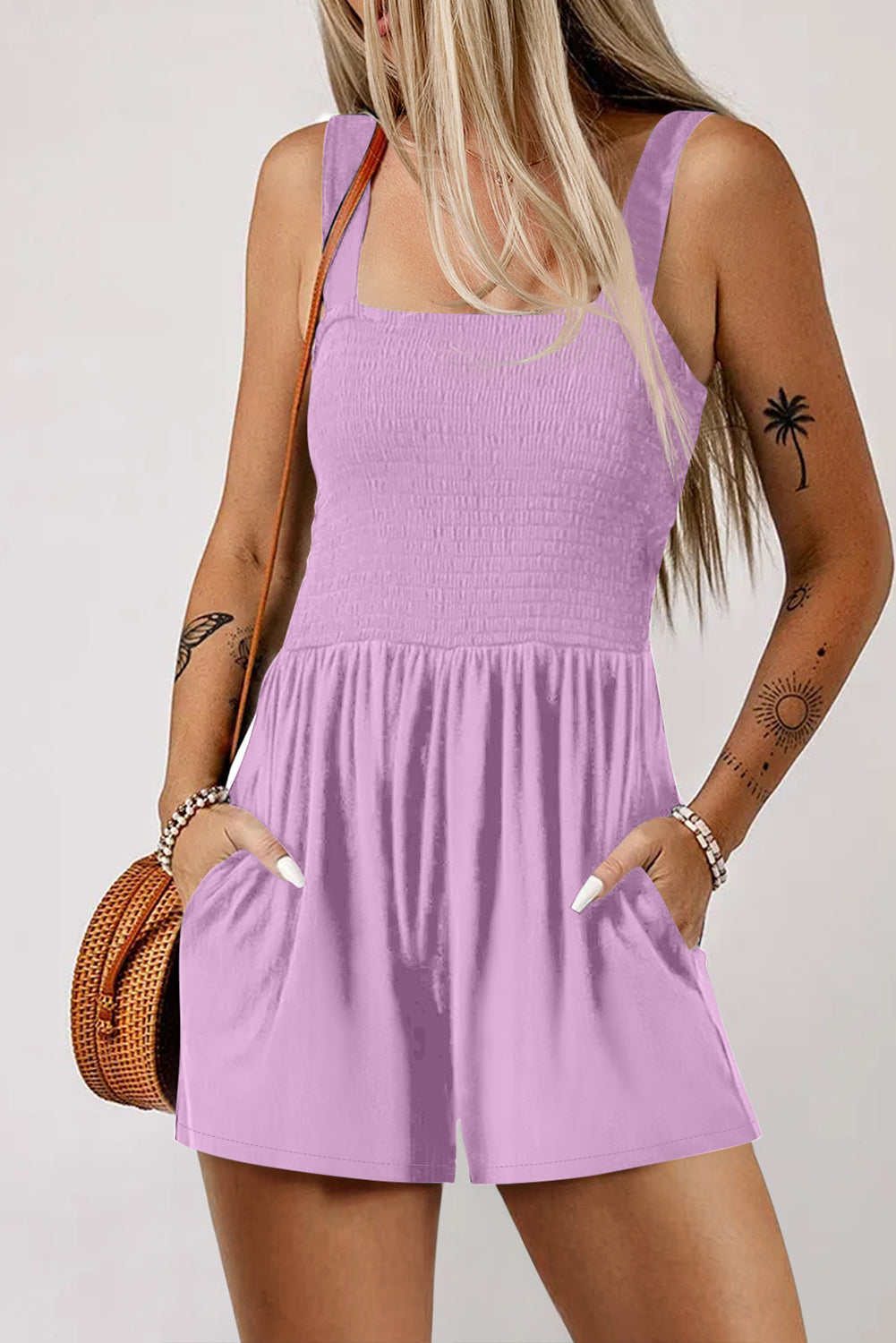 Ginger Casual Pocketed Smocked Sleeveless Romper