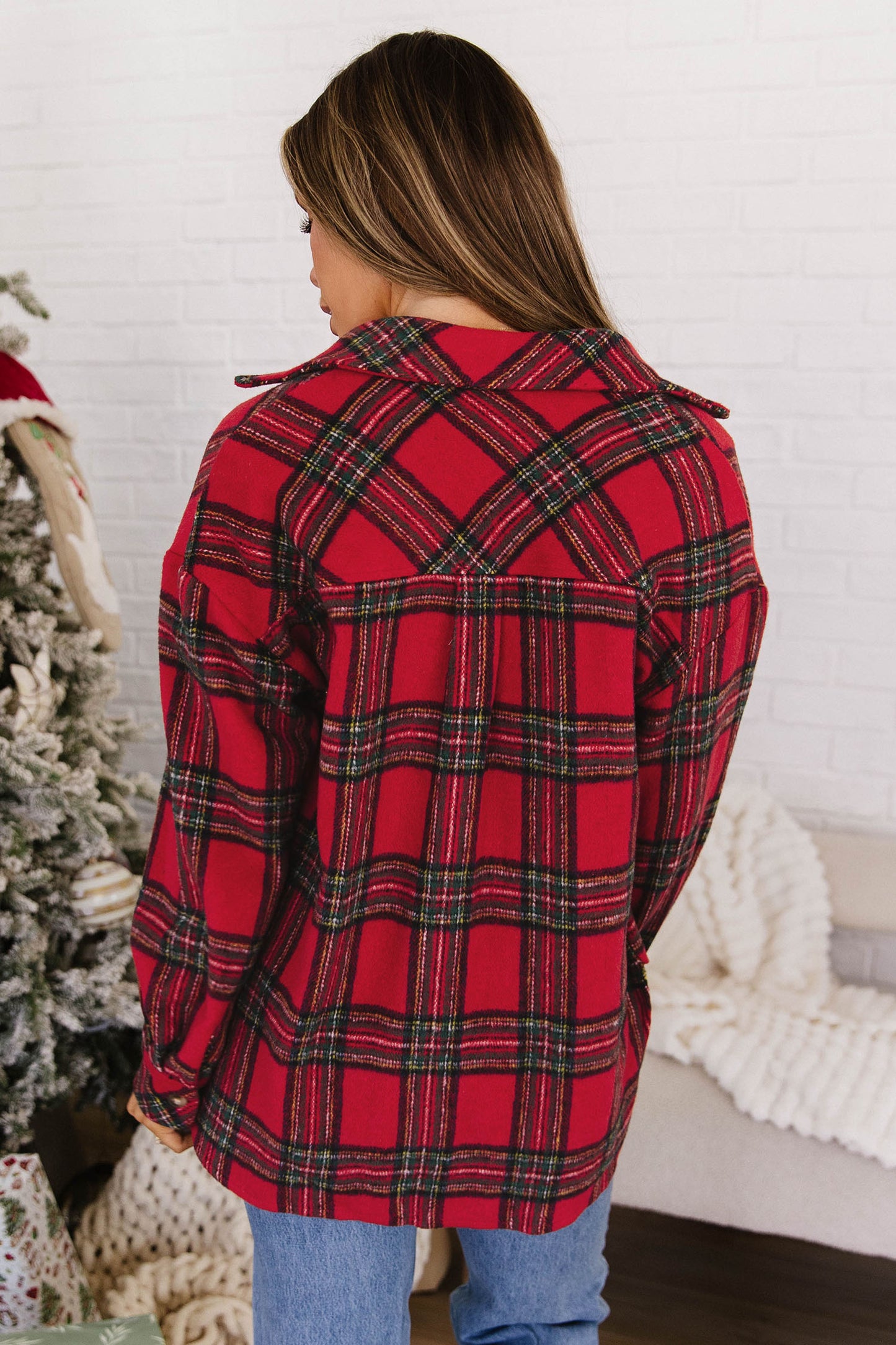 Red Plaid Button Front Shacket Outerwear