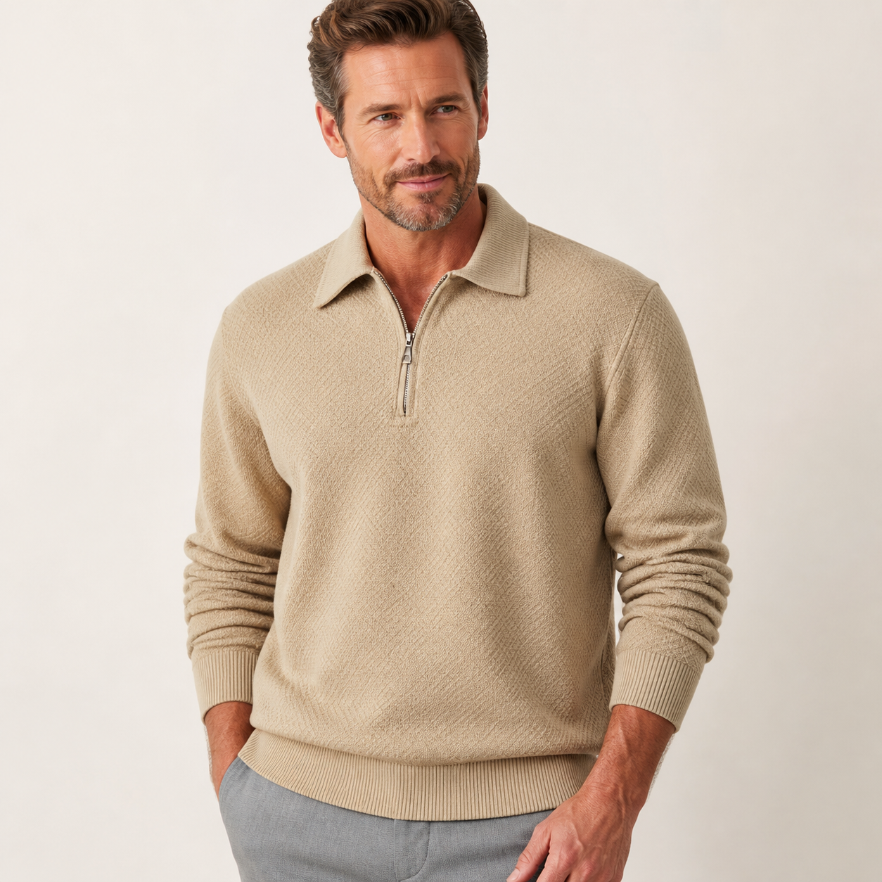 Men's textured half-zip collared pullover in khaki