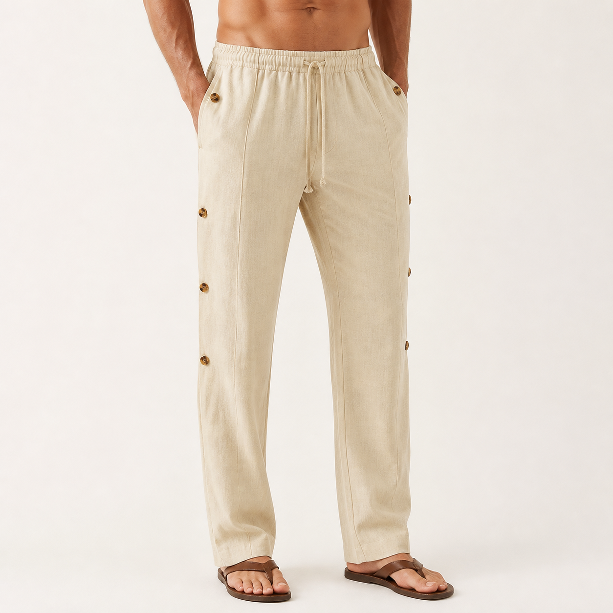 Men's lightweight button-side drawstring pants in apricot
