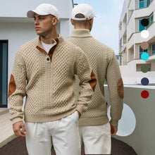 Men's textured button-neck pullover front and back in khaki