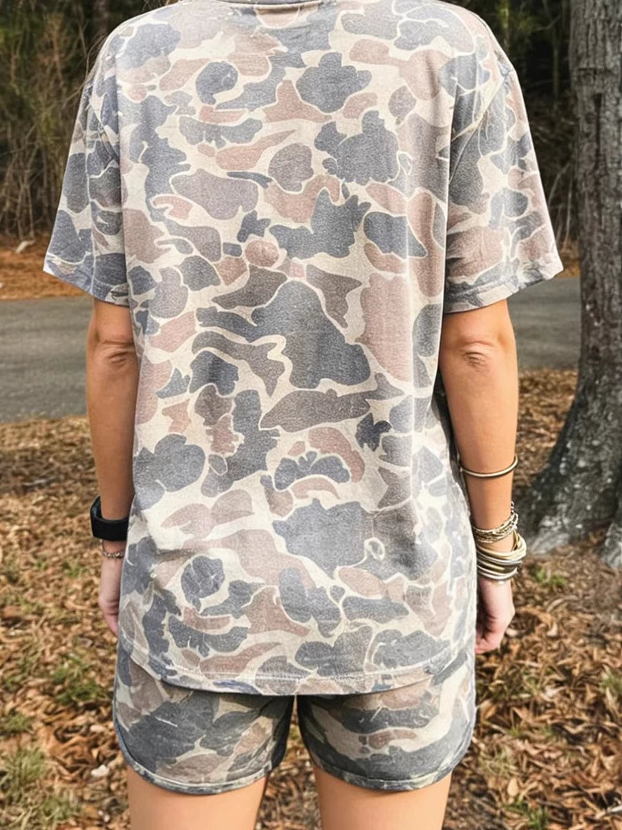 Camo print short sleeve top and shorts