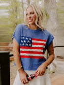 Women's blue American flag short sleeve knit top