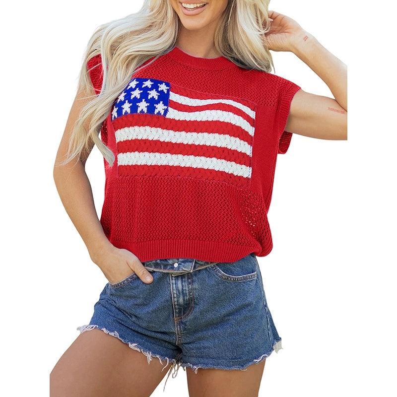 Red American flag short sleeve sweater