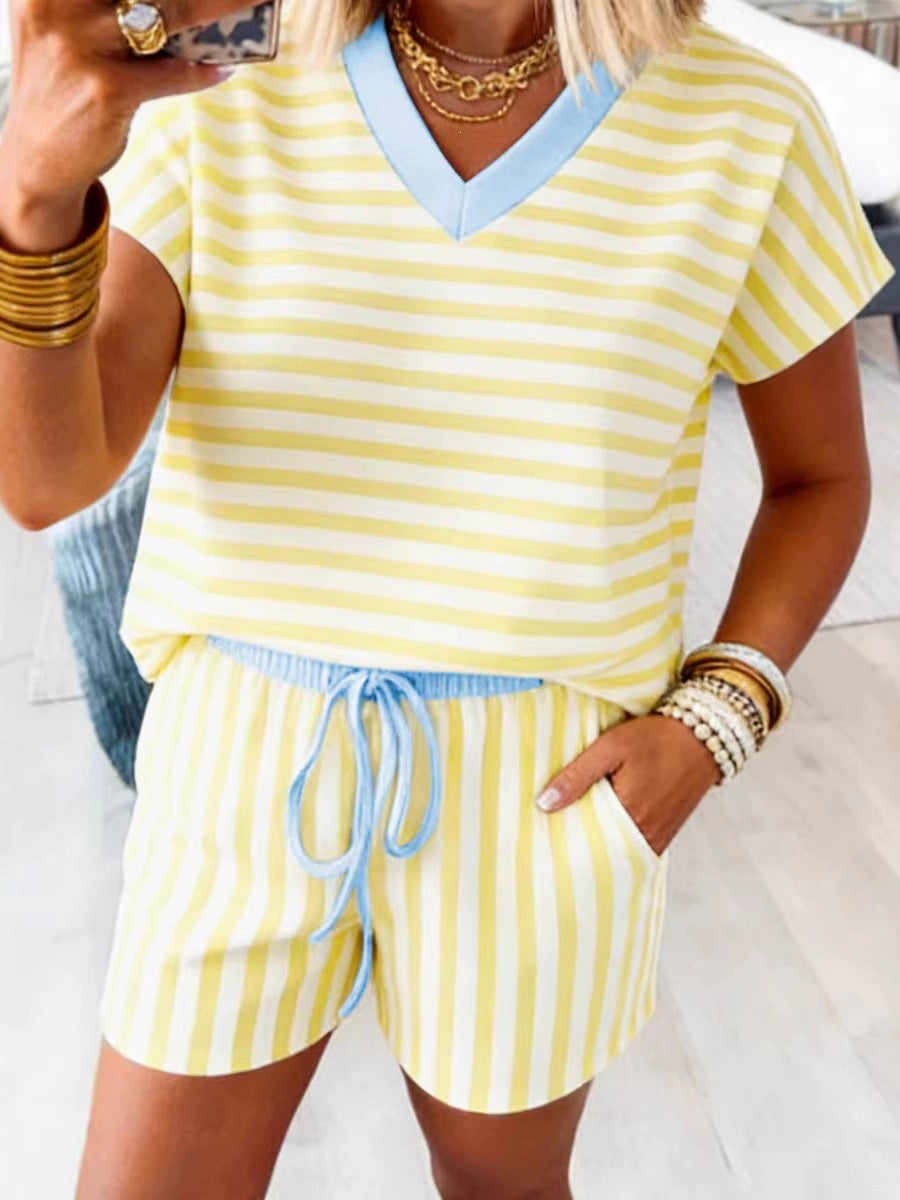 Women's yellow striped V neck shorts set