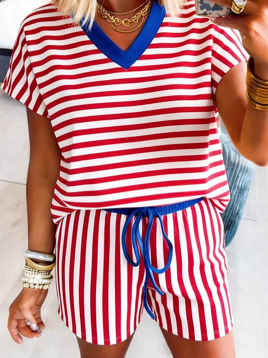 Red and blue striped matching shorts set