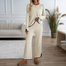 Women's knit long-sleeve top and wide-leg pants set in apricot