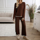 Women's knit long-sleeve top and wide-leg pants set in brown