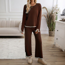 Women's knit long-sleeve top and wide-leg pants set in brown
