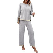 Women's knit long-sleeve top and wide-leg pants set in gray