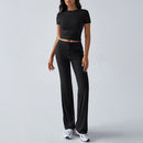 Women's viscose stretch crop top and wide-leg pants set in black