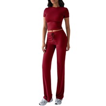 Women's viscose stretch crop top and wide-leg pants set in burgundy