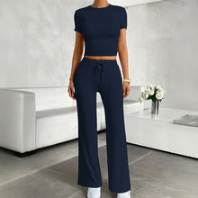 Women's viscose stretch crop top and wide-leg pants set in navy